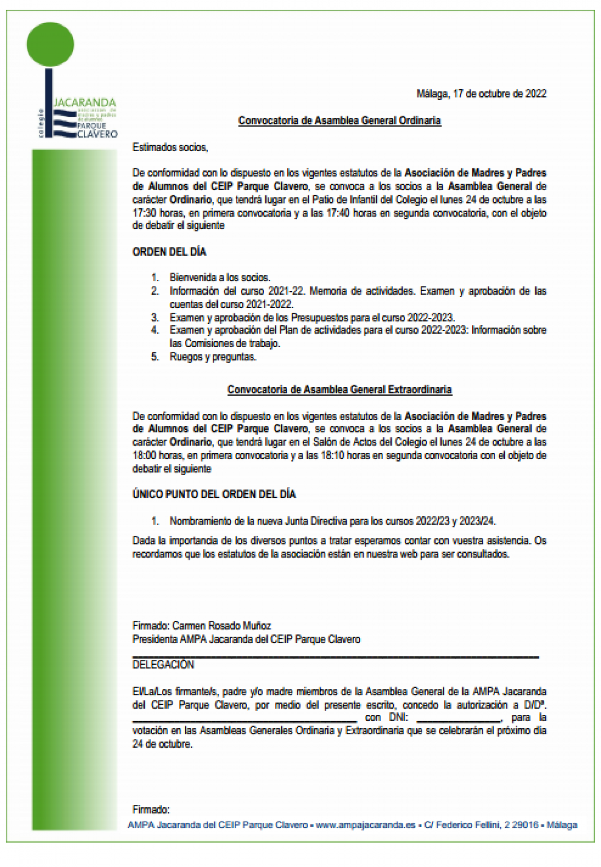 Convocatoria de Asamblea General Ordinaria y Extraordinaria