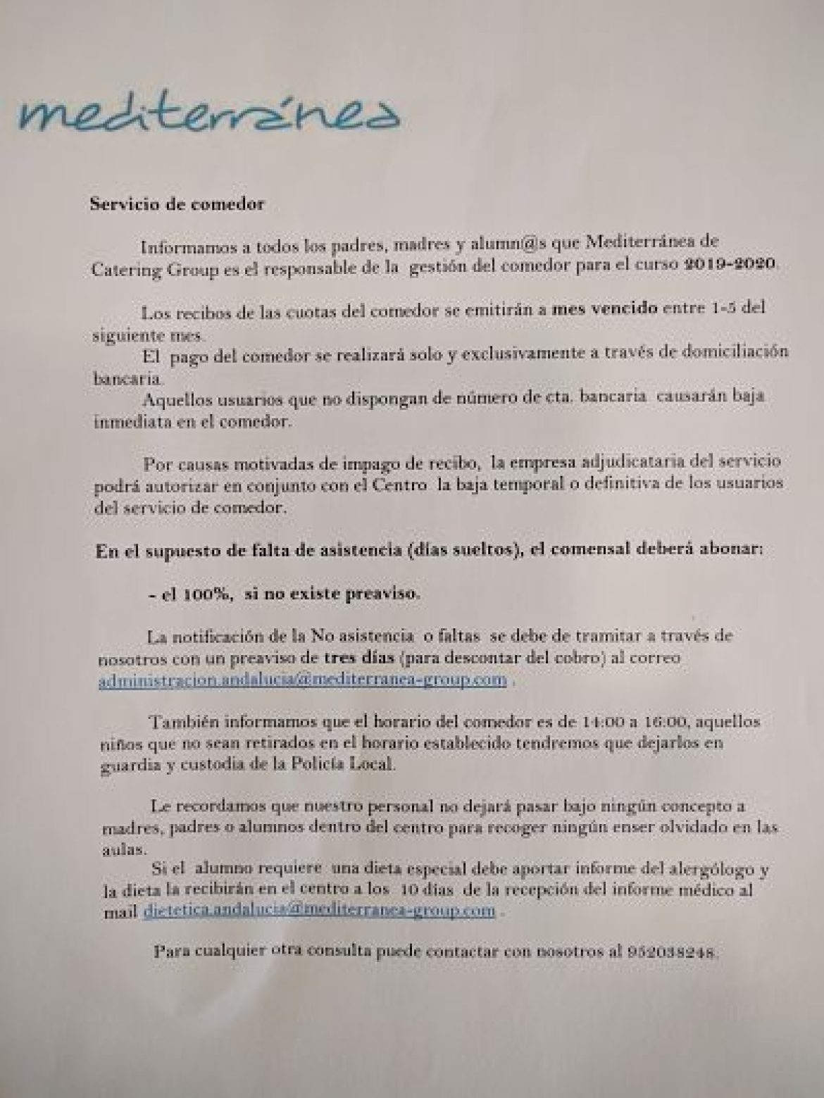 Nueva empresa del servicio de comedor desde hoy 8 de enero