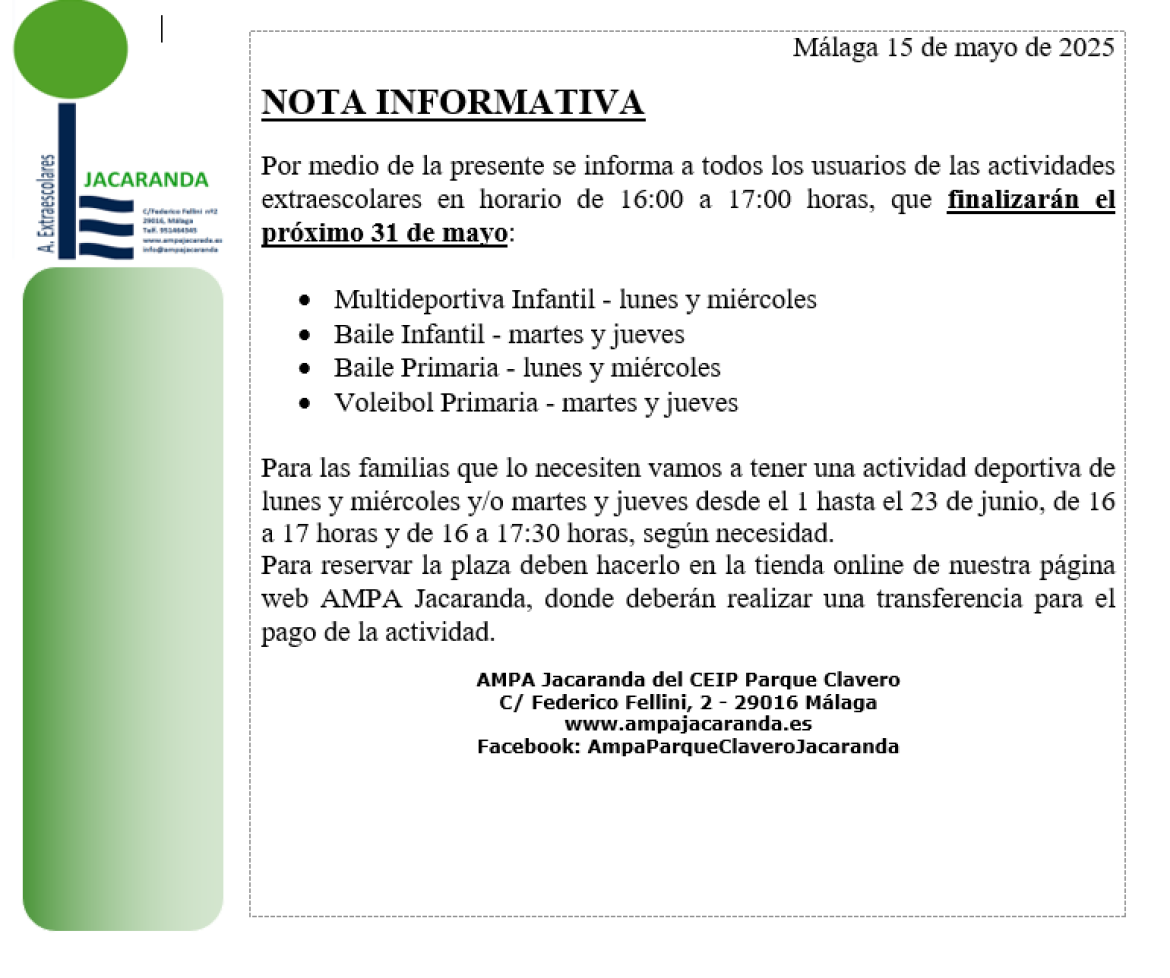 Actividades que finalizan el 31 de mayo