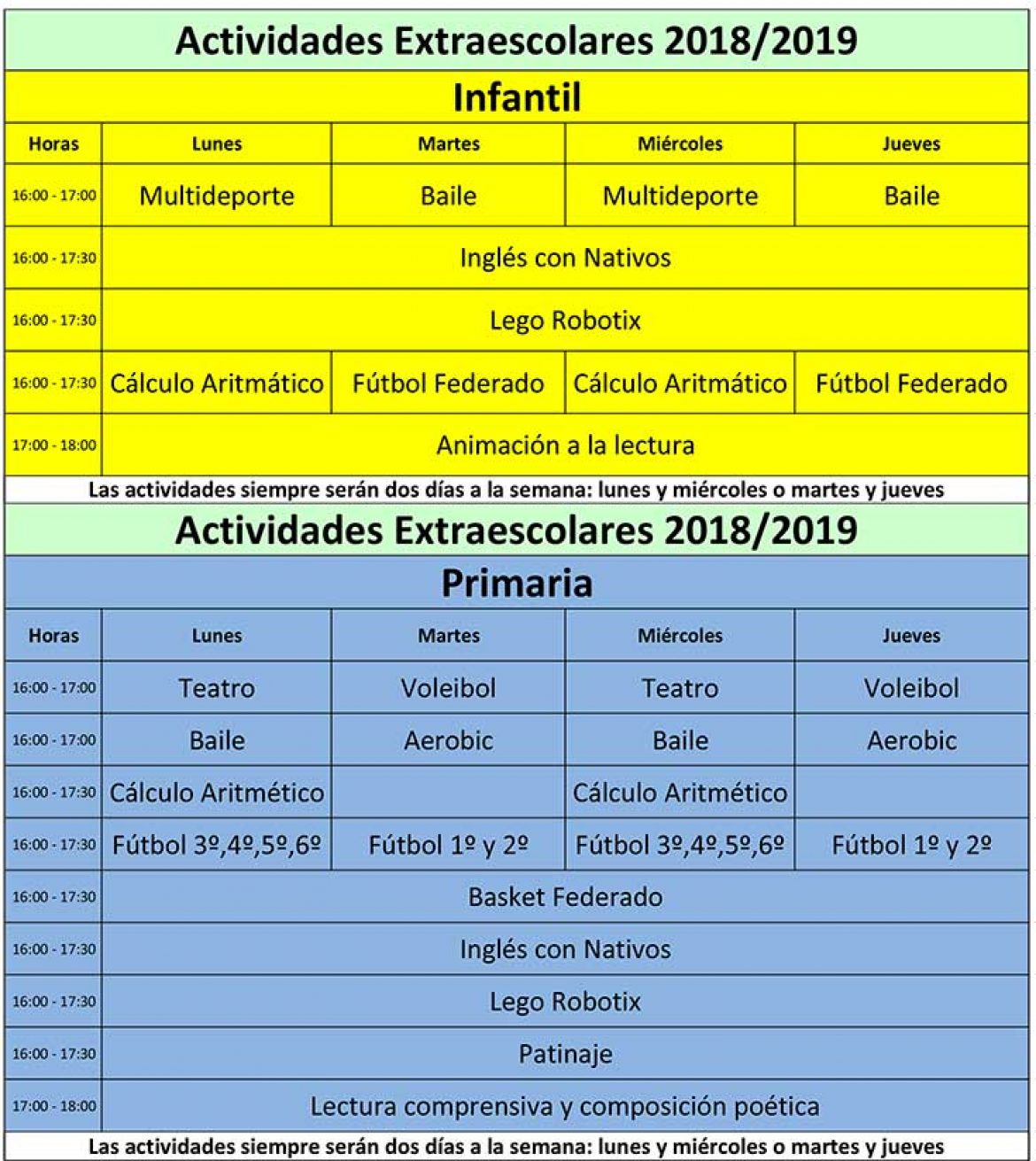 Actividades extra escolares curso 2018-2019