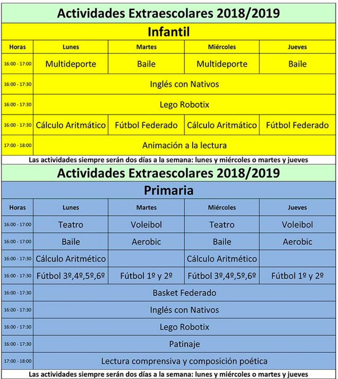 Actividades extra escolares para el curso 2018-2019