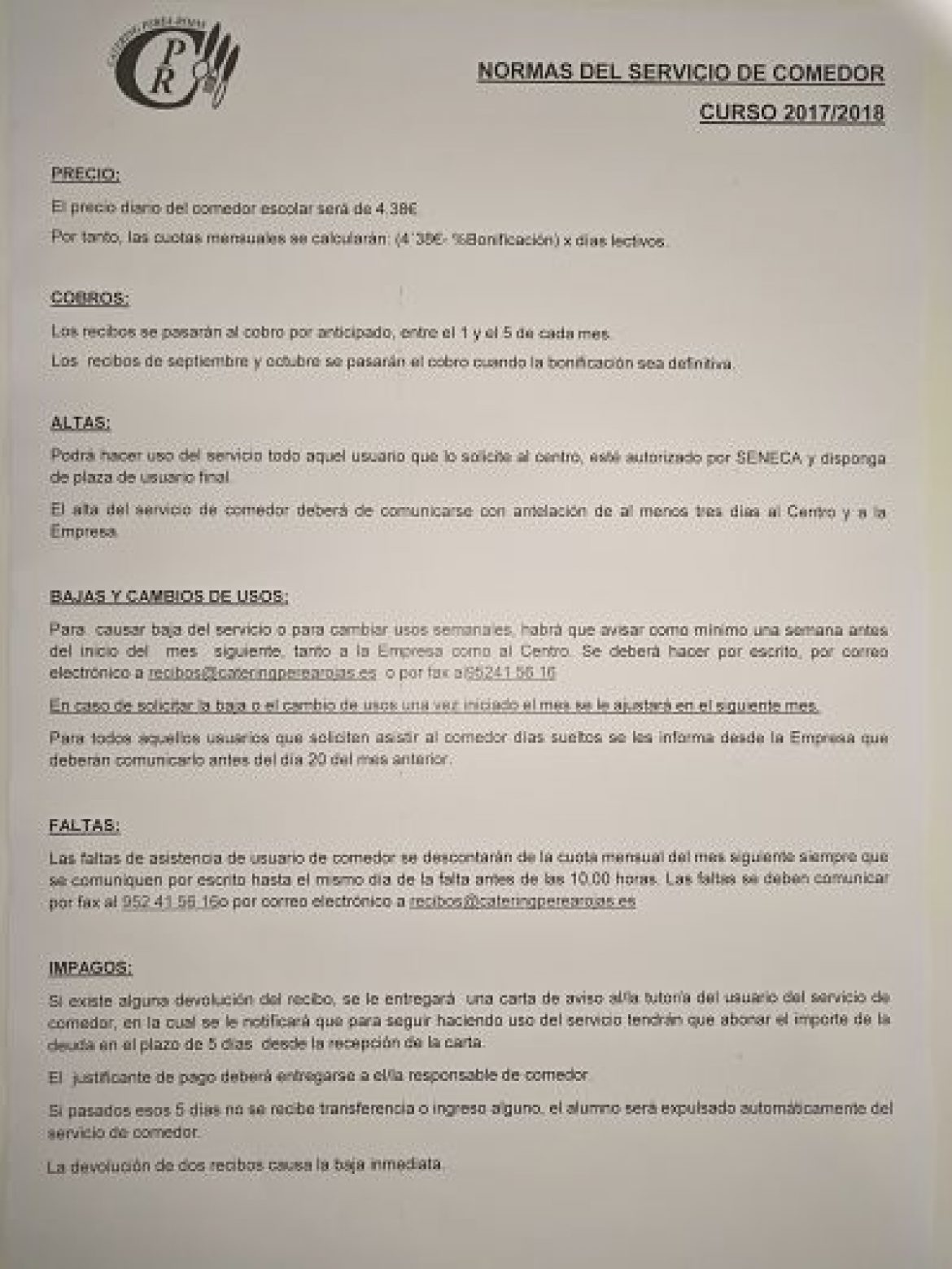 Servicio de comedor curso 2017/2018