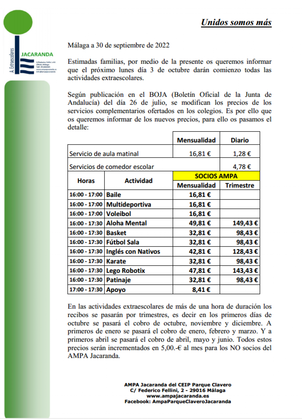 Precios servicios curso 2022-2023